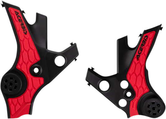 Acerbis X-Grip Frame Guards in red and black on a motorcycle frame, providing protection with a bold, athletic design.