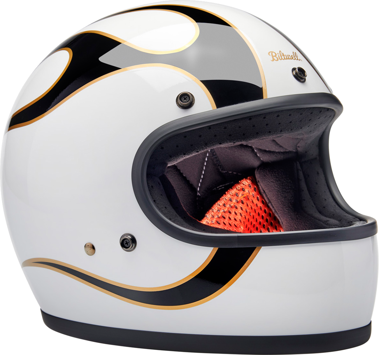 BILTWELL Gringo motorcycle helmet with flame design in white and black, medium size, featuring a sleek, aerodynamic helmet profile.