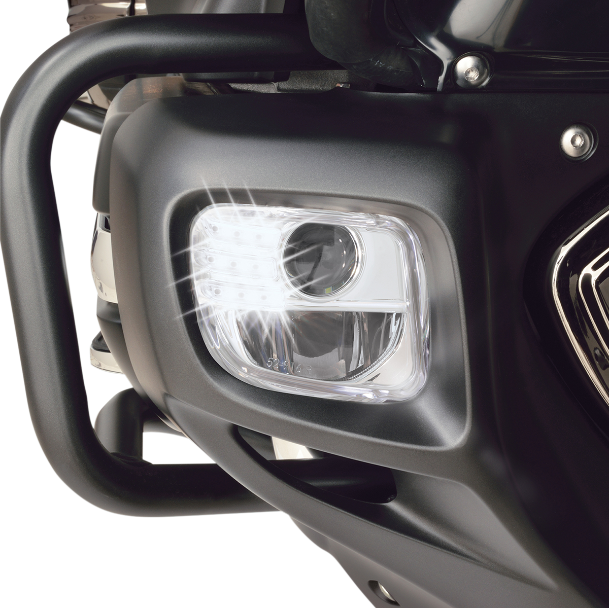 Bill's Exhausts SHOW CHROME LED Fog Lights Kit for 2012-2017 GL1800 motorcycle, engine-mounted, with chrome and LED components.