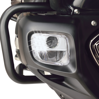Bill's Exhausts SHOW CHROME LED Fog Lights Kit for 2012-2017 GL1800 motorcycle, engine-mounted, with chrome and LED components.