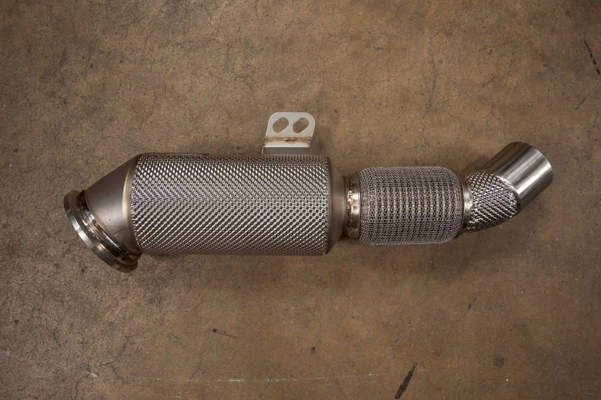 BMW B58 GEN3 400 Cell Catted Downpipes by Valvetronic Designs, showing custom-sized motor vehicle exhaust components.