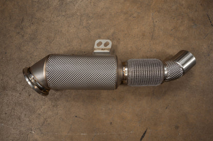 BMW B58 GEN3 400 Cell Catted Downpipes by Valvetronic Designs, showing custom-sized motor vehicle exhaust components.