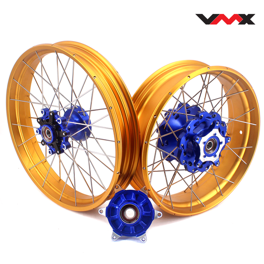 VMX 19inch 17inch CUSH Drive Spoked Tubeless Wheels Set For BMW G310GS 2016-2024 Blue Hub & Gold Rim - Howling Moto