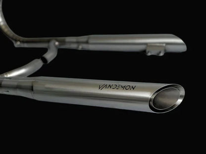 BMW R18 titanium exhaust system by Bill's Exhausts, shows sleek, polished exhaust pipes and mounting hardware for the BMW R18 motorcycle.