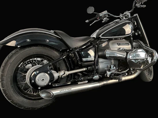 BMW R18 titanium exhaust system by Bill's Exhausts, rear view, showcasing sleek metallic finish and exhaust pipes for BMW R18 (2020-2025).