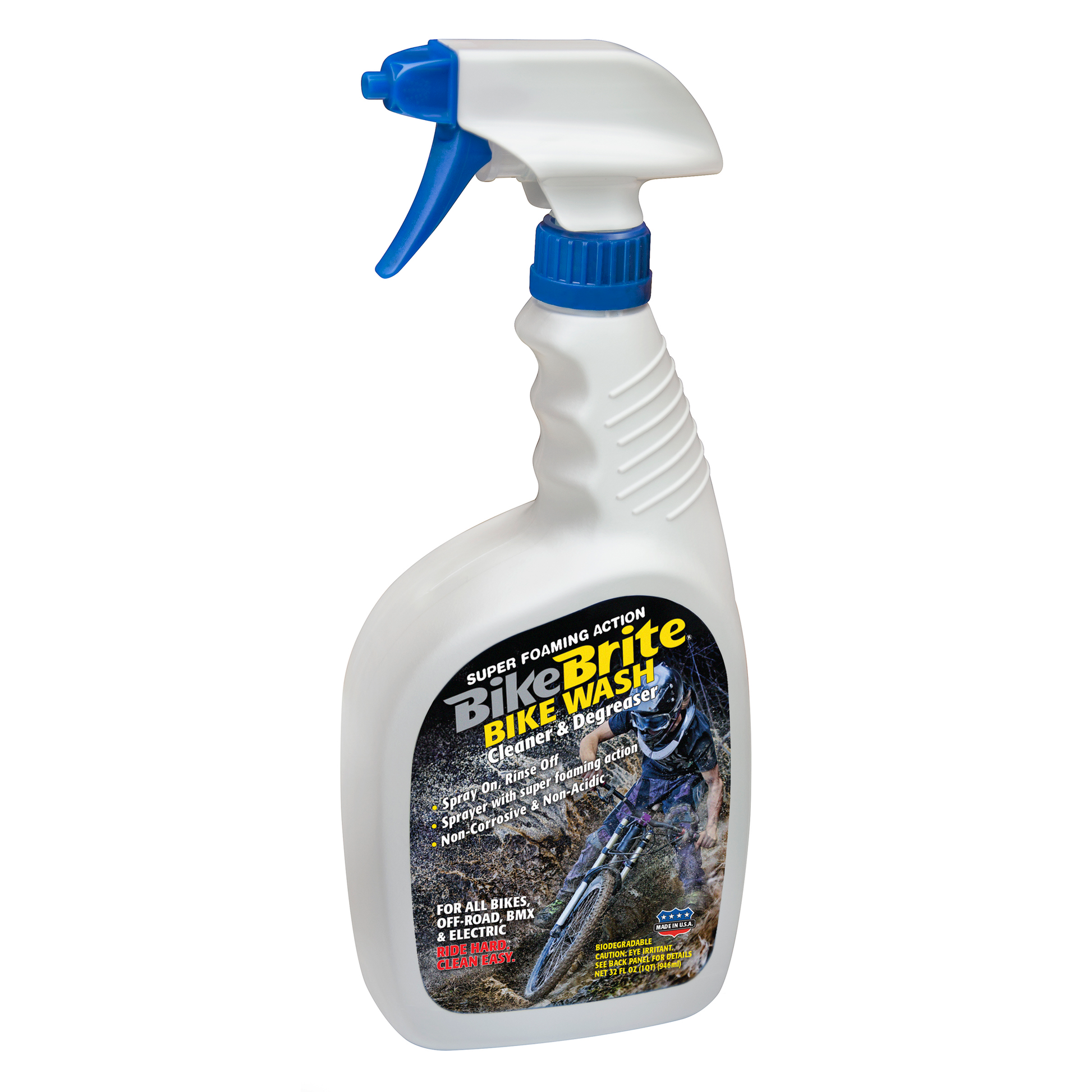 Bike Brite Bicycle Spray Wash 32 oz for cleaning and degreasing bikes, showing the spray bottle with label and bike components.