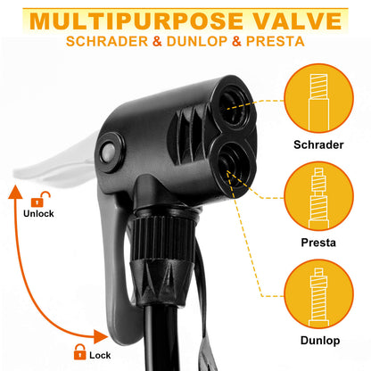Hycline NT1 bicycle pump with gauge, portable bike pump for inflating tires, featuring a sturdy design and easy-to-read pressure gauge.