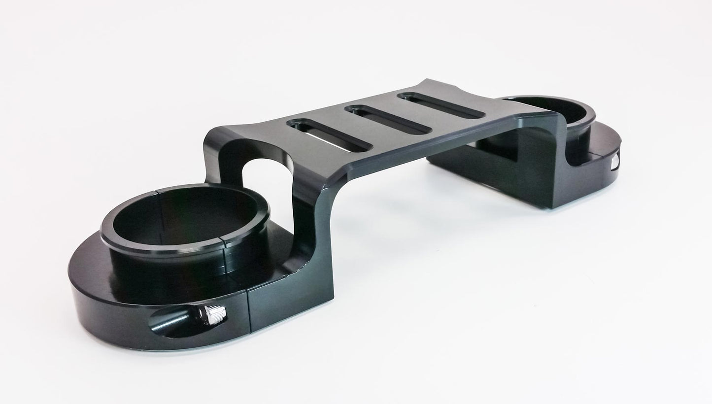 Black Warp9Racing DR650 fork brace for Suzuki DR650 motorcycle, designed to improve stability and protect front forks.