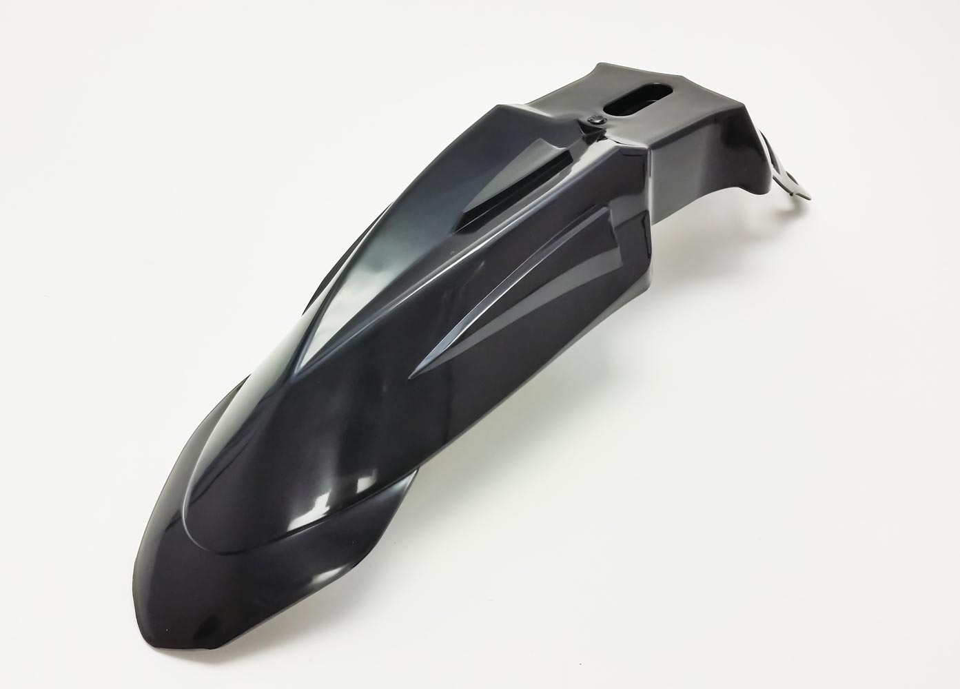 Black Warp 9 SuperMoto front fender for MX to SM conversion, lightweight plastic motorcycle body fairing by Warp9Racing.