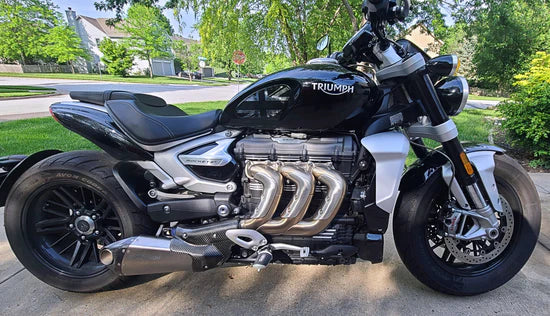 Black Vandemon Triumph Rocket 3R & GT titanium slip-on exhaust mufflers by Bill's Exhausts, designed for 2019-2025 models.