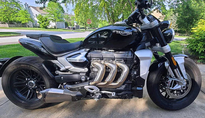 Black Vandemon Triumph Rocket 3R & GT titanium slip-on exhaust mufflers by Bill's Exhausts, designed for 2019-2025 models.