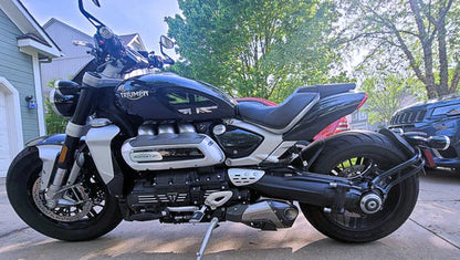 Black Vandemon Triumph Rocket 3R & GT titanium mufflers by Bill's Exhausts, stealth design, stainless steel finish, compatible with 2019-2025 models.