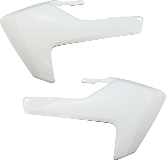 White ACERBIS radiator shrouds for motorcycle body, designed for durability and style, with visible mounting points and sleek finish.