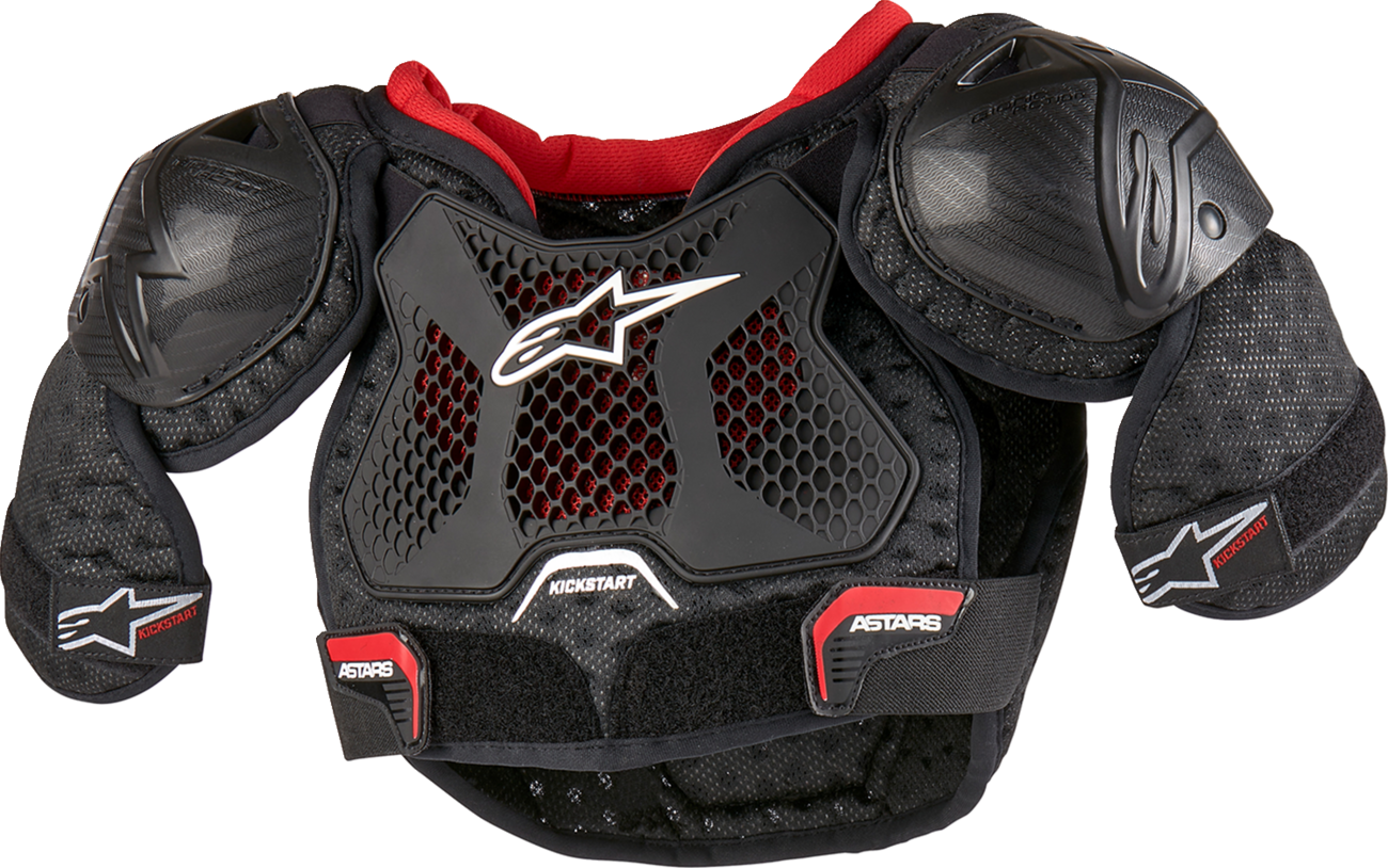 Youth Alpinestars Bionic Action Kickstart chest guard in black and red, designed for youth motocross protection.