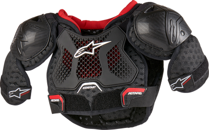 Alpinestars Youth Bionic Action Kickstart Chest Guard in black and red, designed for youth motocross or riding protection.