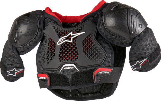 Alpinestars Youth Bionic Action Kickstart Chest Guard in black and red, designed for youth motocross or riding protection.