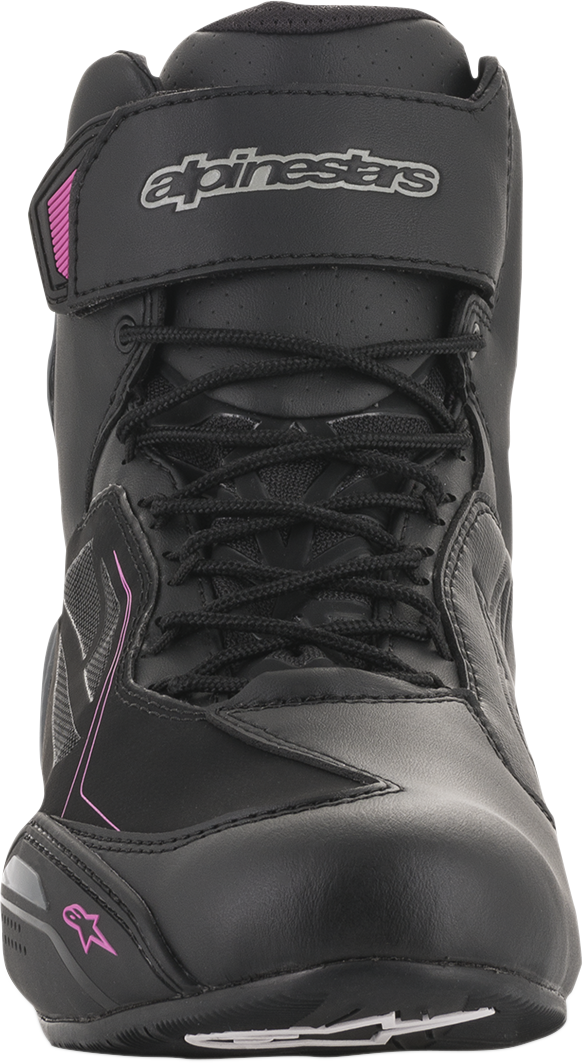 Alpinestars Faster-3 Drystar® riding shoes in black, gray, and pink with US 8.5 size, featuring protective design for motorcycling.