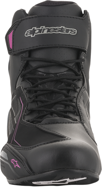 Alpinestars Faster-3 Drystar® motorcycle shoes in black, gray, and pink, US size 7, with protective design and sporty look.