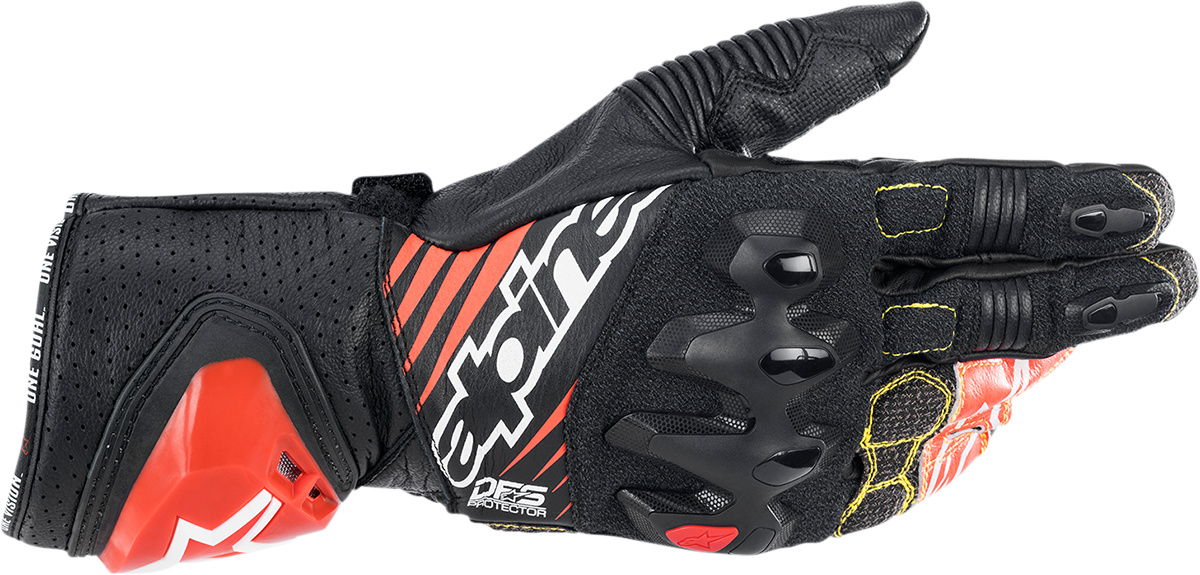 Alpinestars GP Tech v2 motorcycle gloves in black, white, and fluo red, size 3XL, with protective armor and adjustable straps.
