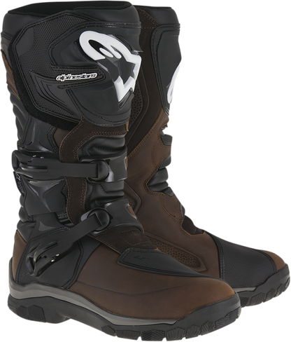 Alpinestars Corozal Adventure Boots in brown and black, US size 13, showing rugged leather construction and ankle protection.