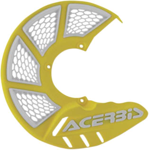 Acerbis X-Brake Disc Cover in yellow and white, mounted on a motorcycle body, showcasing the protective design and brand logo.