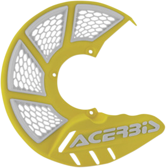 Acerbis X-Brake Disc Cover in yellow and white, mounted on a motorcycle body, showcasing the protective design and brand logo.