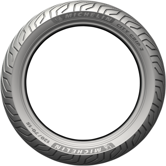 Michelin City Grip 2 front motorcycle tire 110/70-11 with 45L load rating, featuring tread pattern for city riding.