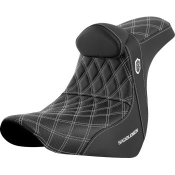 SADDLEMEN Pro Series SDC performance motorcycle seat with backrest in white stitch for FL/FX 2018-2023 models, shown on bike