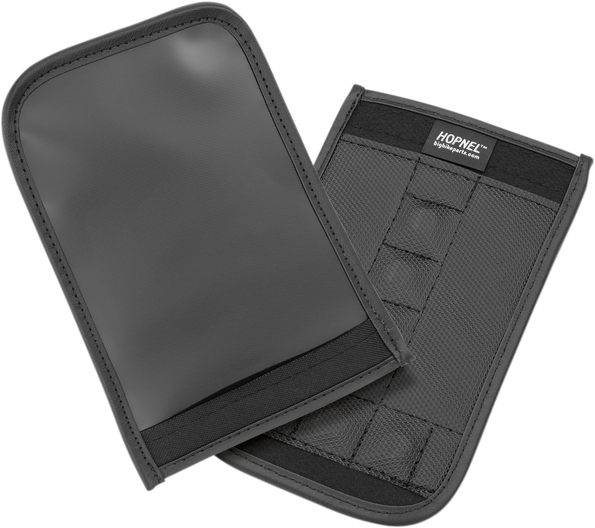 Universal tank pouch for engine by Bill's Exhausts, shown mounted on a motorcycle fuel tank for secure storage.