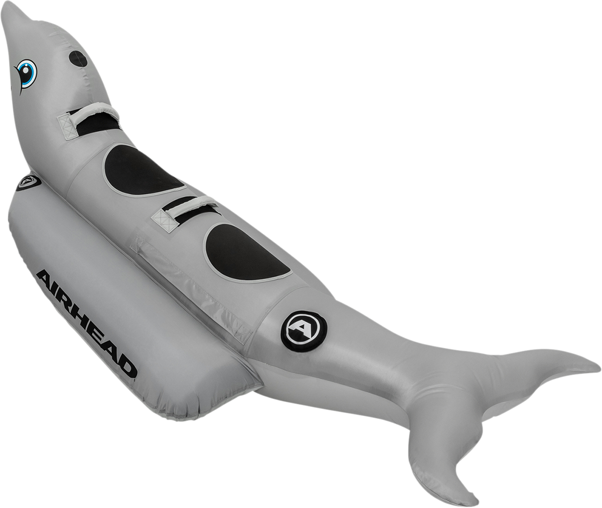 Dolphin riding tube from AIRHEAD SPORTS GROUP on water with a person riding, designed for towable water fun by Bill's Exhausts.