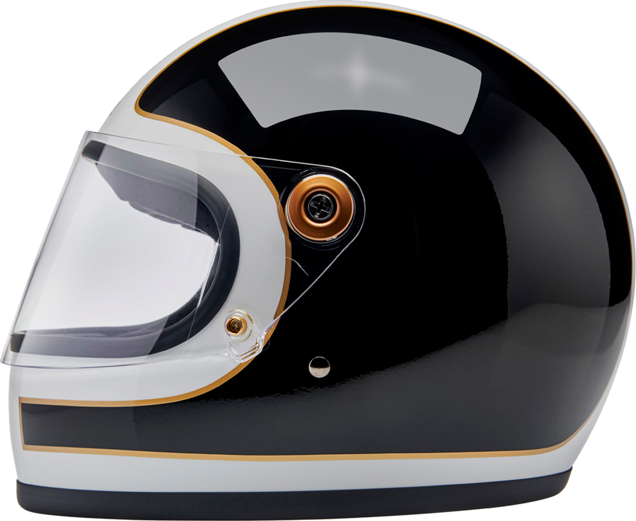 BILTWELL Gringo S helmet in gloss white and black tracker design, XS size, with a smooth aerodynamic shell and ventilation vents.