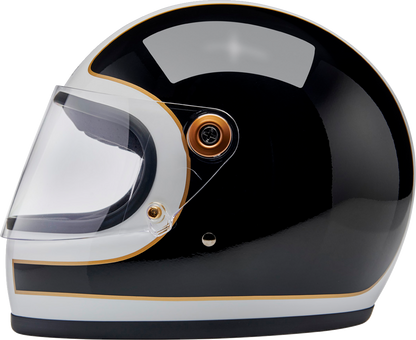 BILTWELL Gringo S helmet in gloss white and black tracker design, XS size, with a smooth aerodynamic shell and ventilation vents.