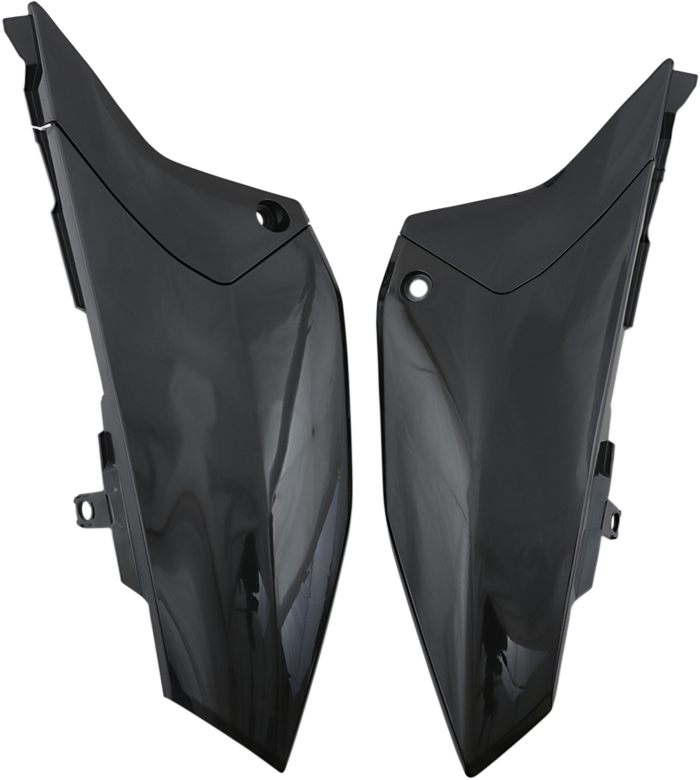 Acerbis black side panels for motorcycle bodywork, shown with mounting details on a neutral background.