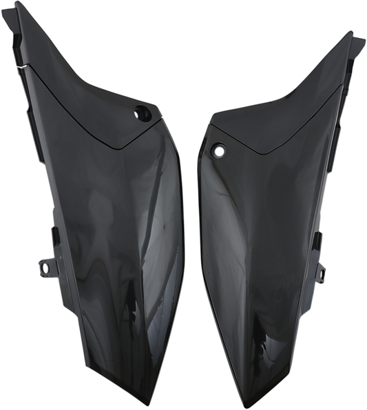 Acerbis black side panels for motorcycle bodywork, shown with mounting details on a neutral background.
