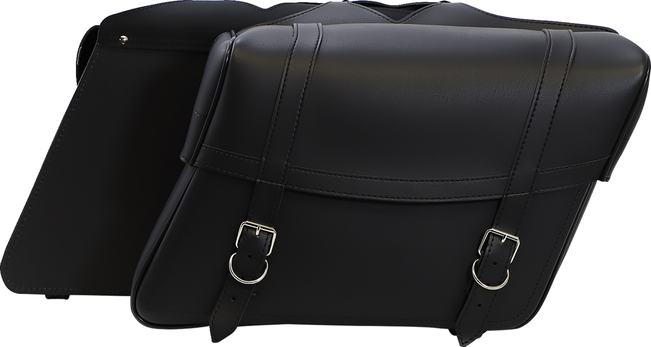 Bill's Exhausts SADDLEMEN Highwayman slant-style saddlebags, Jumbo X021-02-042, mounted on motorcycle seat with leather finish.
