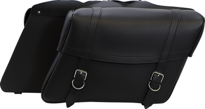Bill's Exhausts SADDLEMEN Highwayman slant-style saddlebags, Jumbo X021-02-042, mounted on motorcycle seat with leather finish.