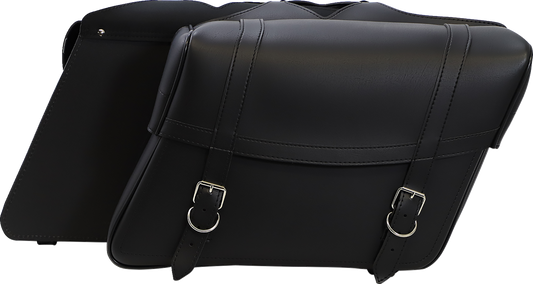 Bill's Exhausts SADDLEMEN Highwayman slant-style saddlebags, Jumbo X021-02-042, mounted on motorcycle seat with leather finish.