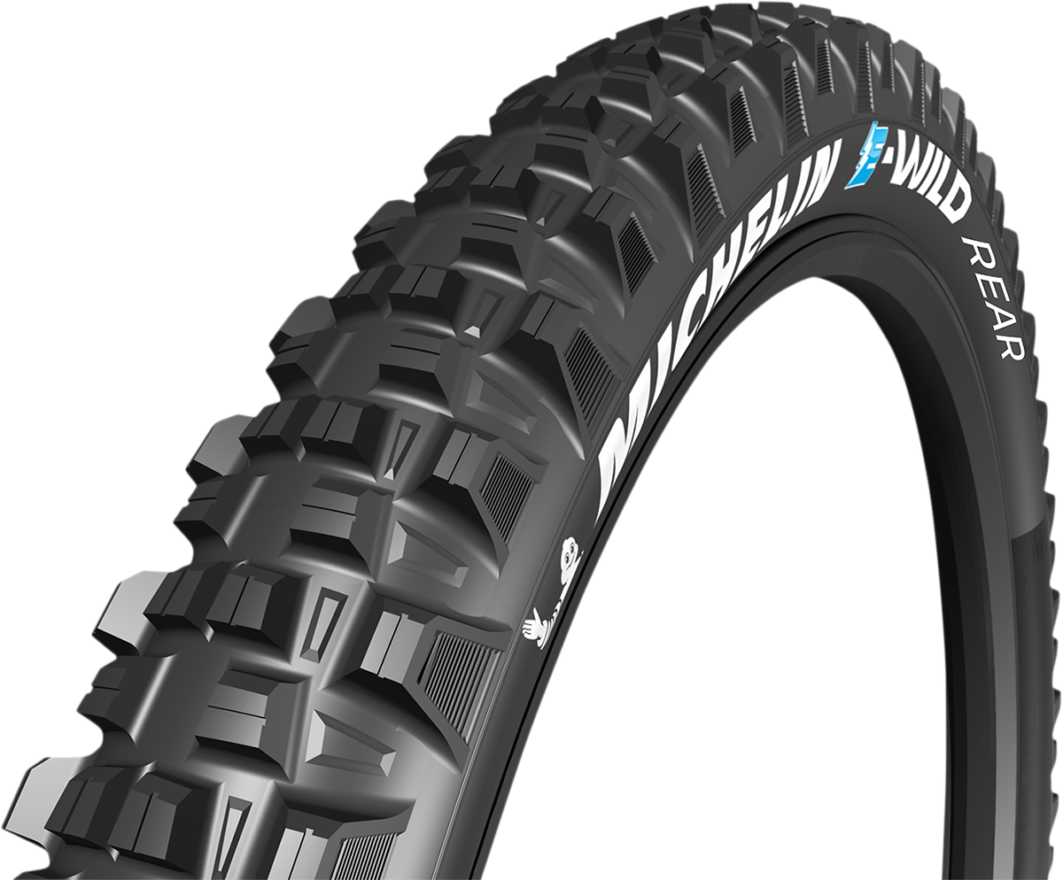 Michelin E-Wild rear mountain bike tire, 27.5 x 2.80, with rugged tread pattern for enhanced grip and durability.