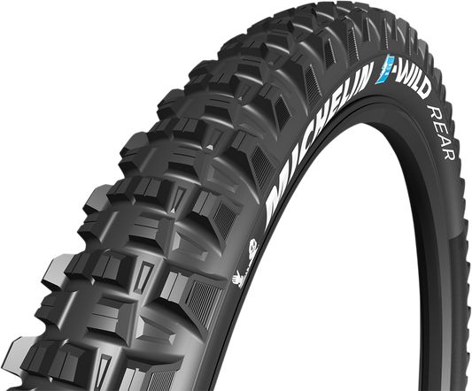 Michelin E-Wild rear mountain bike tire, 27.5 x 2.80, with rugged tread pattern for enhanced grip and durability.