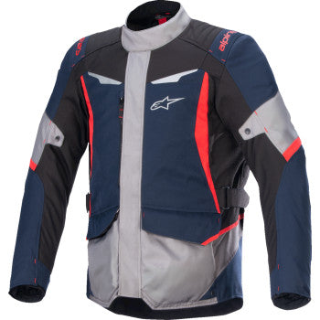 Alpinestars ST-1 WP motorcycle jacket in dark blue, black, and bright red, displayed on a hanger, medium size.