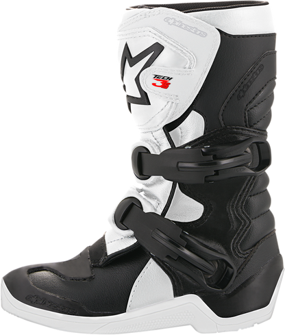 Alpinestars Youth Tech 3S motorcycle boots in black and white, US size 10, featuring protective design and sturdy construction.
