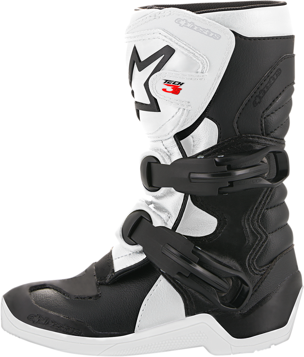 Alpinestars Youth Tech 3S motorcycle boots in black and white, US 11, featuring protective design and sturdy construction.