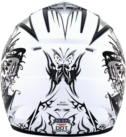 Matte white AFX FX-17 Butterfly helmet in medium size, featuring a sleek aerodynamic design and secure strap.