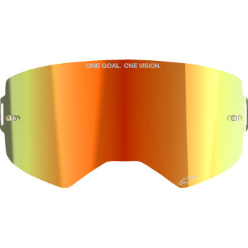 Alpinestars Supertech lens with red mirror tint, designed for goggles, featuring ABS vision technology, shown in the image.