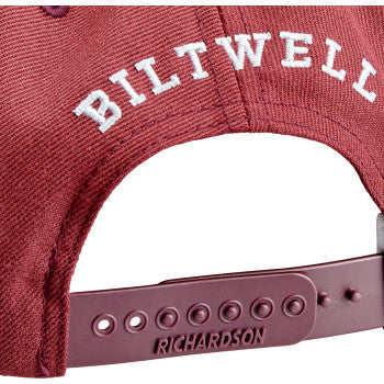 Maroon BILTWELL Script B Hat by Bill's Exhausts, featuring embroidered script design, casual style, and adjustable fit.