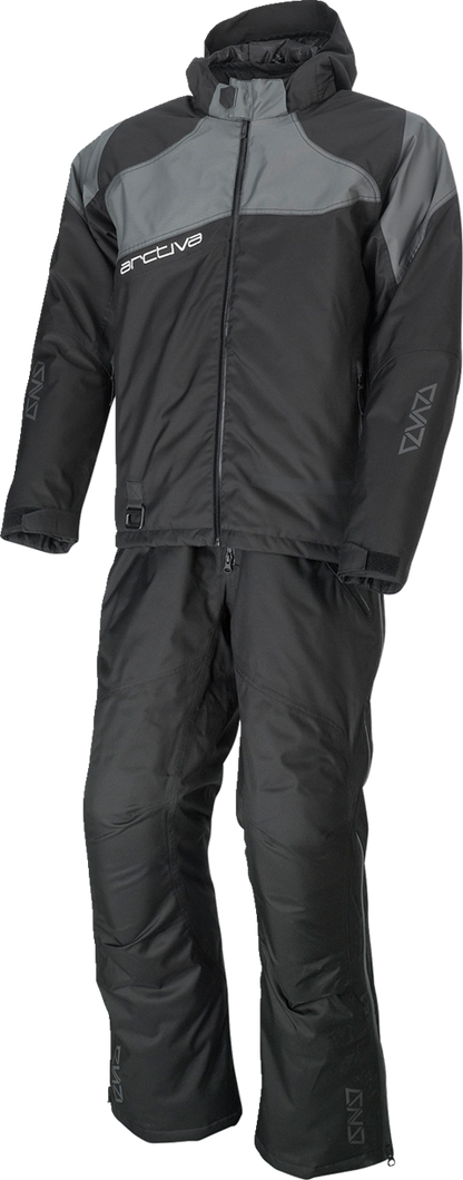 Bill's Exhausts ARCTIVA Pivot 5 hooded jacket in black and gray, 3XL, with front zipper and hood, displayed on a hanger.