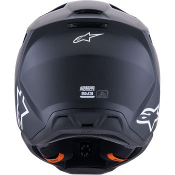 Alpinestars SM3 motorcycle helmet in matte black, solid color, size XS, featuring a sleek design and aerodynamic shape.
