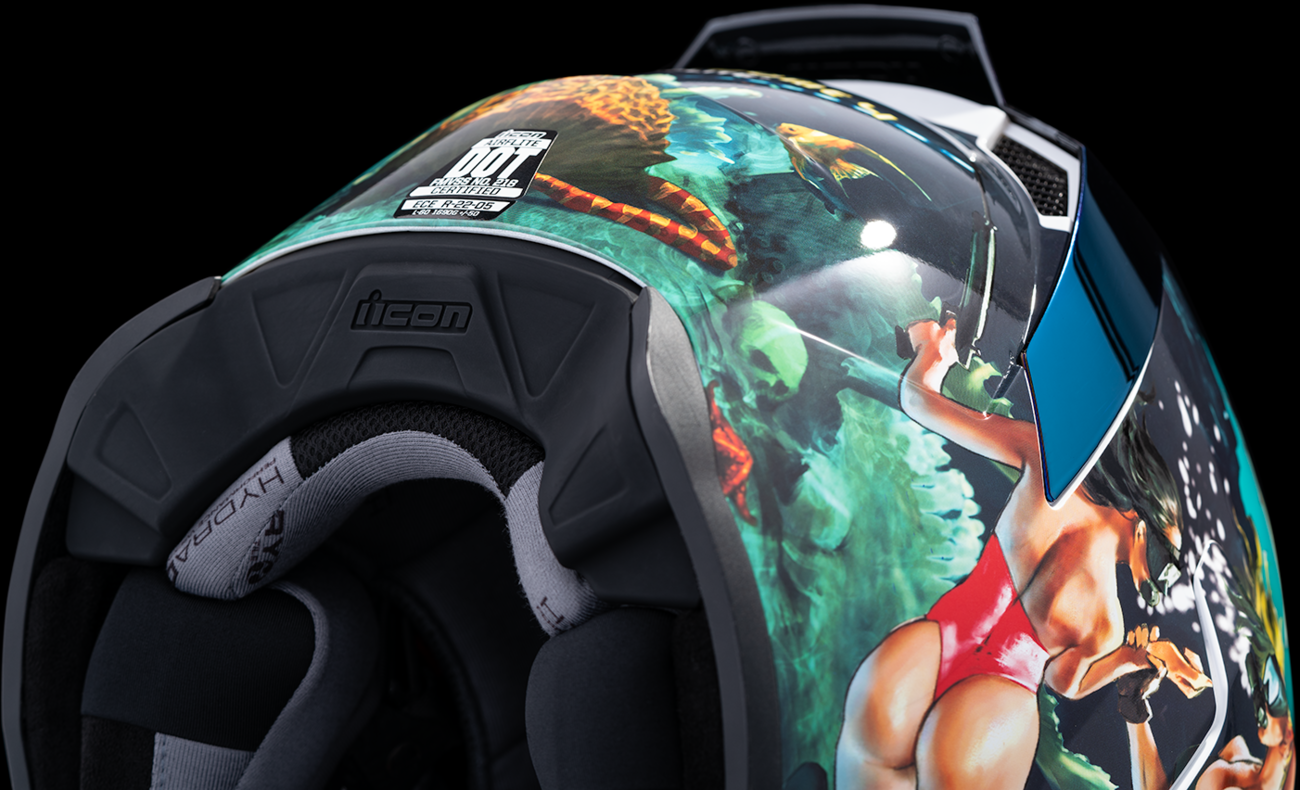 Blue ICON Airflite™ helmet with Pleasuredome4 design, small size, featuring a sleek aerodynamic shape and clear visor.