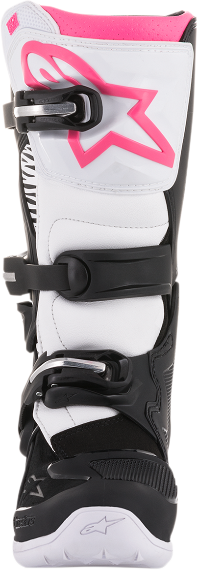 Alpinestars Stella Tech 3 motorcycle boots in black, white, and pink, US size 8, front view showing ankle protection and design.