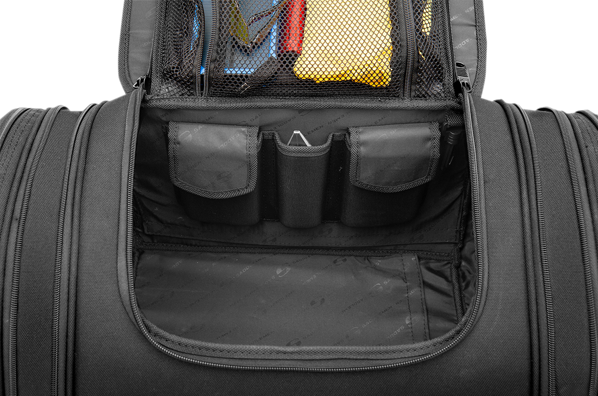 Bill's Exhausts SADDLEMEN TR2300DE TL Sissy Bar Bag seat for motorcycle with secure storage and durable design.